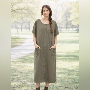 Eddie Bauer Casual Olive Green Button-Down Dress 100% Cotton Lagenlook Size XXL